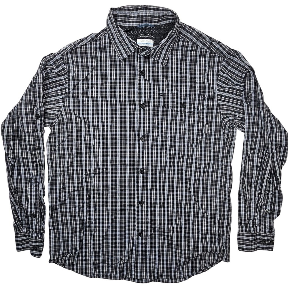 Columbia Mens Plaid Vented Long Sleeve Roll Tab Button Down Shirt Black Grey M